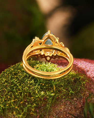 LINSORO Pear Cut Moss Agate and Moissanite Wedding Ring Set Nature Inspired Bridal Ring Set