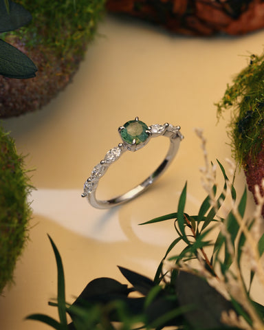 ONA Round Shaped Moss Agate Marquise Engagement Ring