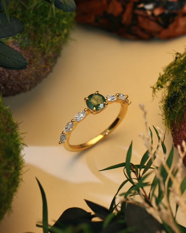 ONA Round Shaped Moss Agate Marquise Engagement Ring