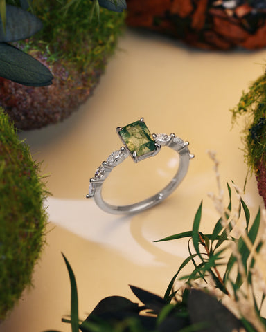 PEYTON Emerald Cut Moss Agate Promise Ring With Marquise Accents