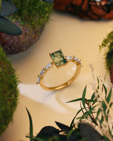 PEYTON Emerald Cut Moss Agate Promise Ring With Marquise Accents