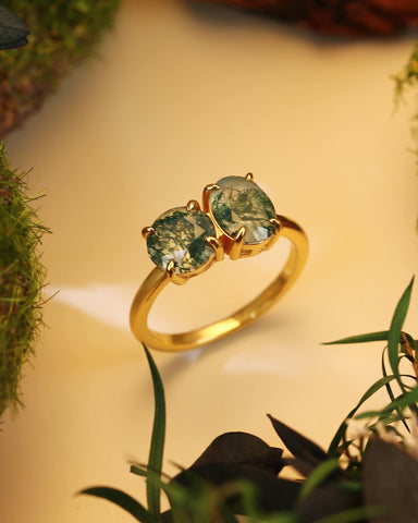 ROSVELN Nature Inspired Round & Oval Cut Moss Agate Toi Et Moi Alternative Engagement Ring