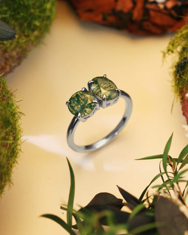 ROSVELN Nature Inspired Round & Oval Cut Moss Agate Toi Et Moi Alternative Engagement Ring