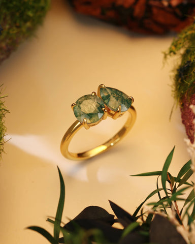 ELRIAN Nature Inspired Toi Et Moi Ring Round & Pear Cut Moss Agate Two Stone Ring
