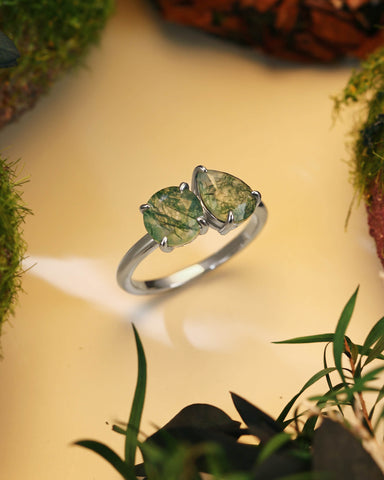 ELRIAN Nature Inspired Toi Et Moi Ring Round & Pear Cut Moss Agate Two Stone Ring
