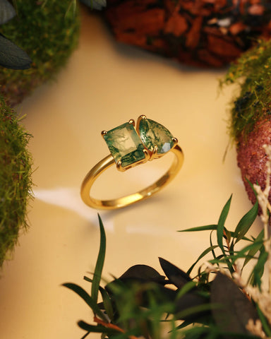 ACACIA Emerald & Pear Shaped Two Stone Ring Unique Moss Agate Toi Et Moi Engagement Ring