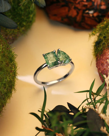ACACIA Emerald & Pear Shaped Two Stone Ring Unique Moss Agate Toi Et Moi Engagement Ring