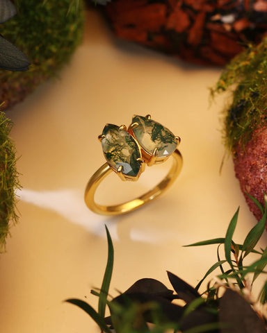 SILAS Marquise & Pear Moss Agate Two Stone Engagement Ring Unique Toi Et Moi Ring