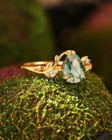 GROVENA Nature Inspired Pear Cut Moss Agate Leafy Engagement Ring