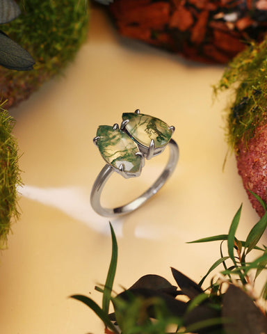 SILAS Marquise & Pear Moss Agate Two Stone Engagement Ring Unique Toi Et Moi Ring