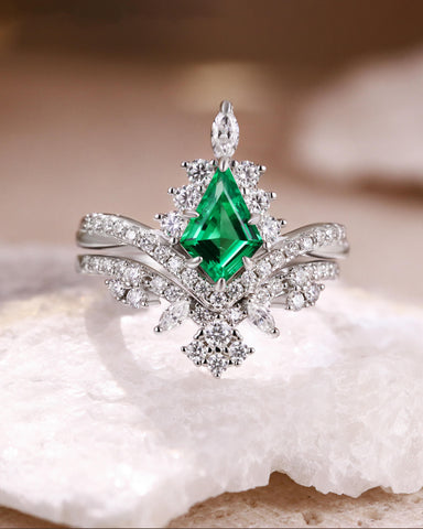TATIANA Kite Shaped Emerald Bridal Ring Set Moissanite Lacey Band Wedding Set