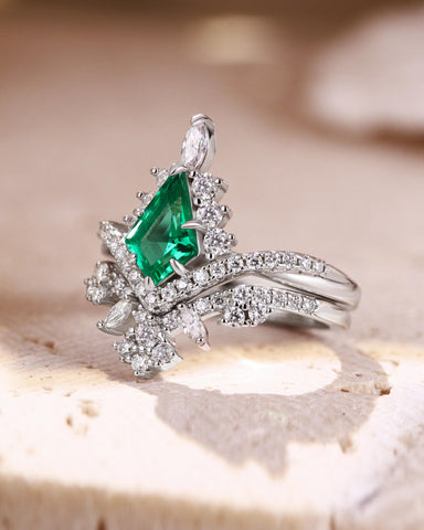 TATIANA Kite Shaped Emerald Bridal Ring Set Moissanite Lacey Band Wedding Set
