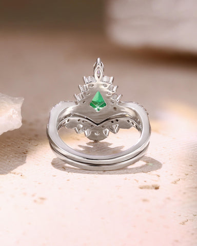 TATIANA Kite Shaped Emerald Bridal Ring Set Moissanite Lacey Band Wedding Set
