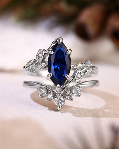 EUGENIA Garden Inspired Marquise Cut Sapphire Cluster Bridal Set 2pcs