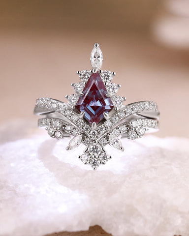 CHANTILLY Kite Cut Alexandrite Engagement Ring Cluster Bridal Ring Set