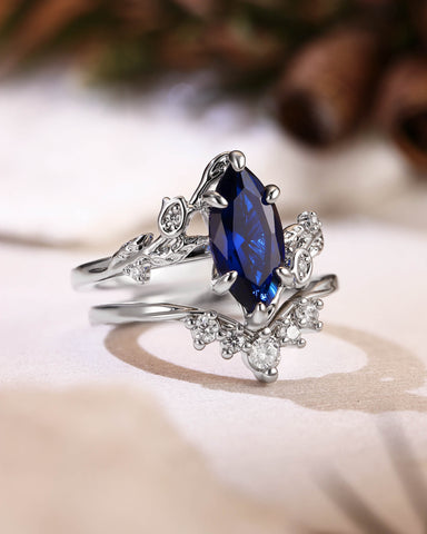 EUGENIA Garden Inspired Marquise Cut Sapphire Cluster Bridal Set 2pcs