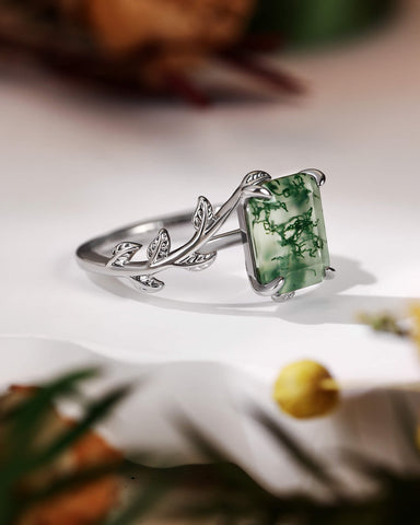 FENNA Emerald Cut Moss Agate Leafy Engagement Ring