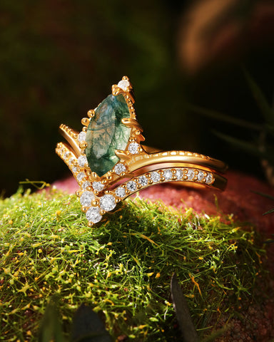 CELIA Natuer Inspired Marquise Cut Moss Agate Engagement Ring Set with Curved Wedding Band
