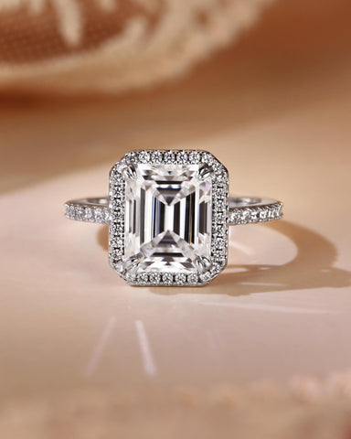 VIRELAI Double Claw Halo Emerald Cut Moissanite Pave Engagement Ring