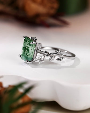 FENNA Emerald Cut Moss Agate Leafy Engagement Ring