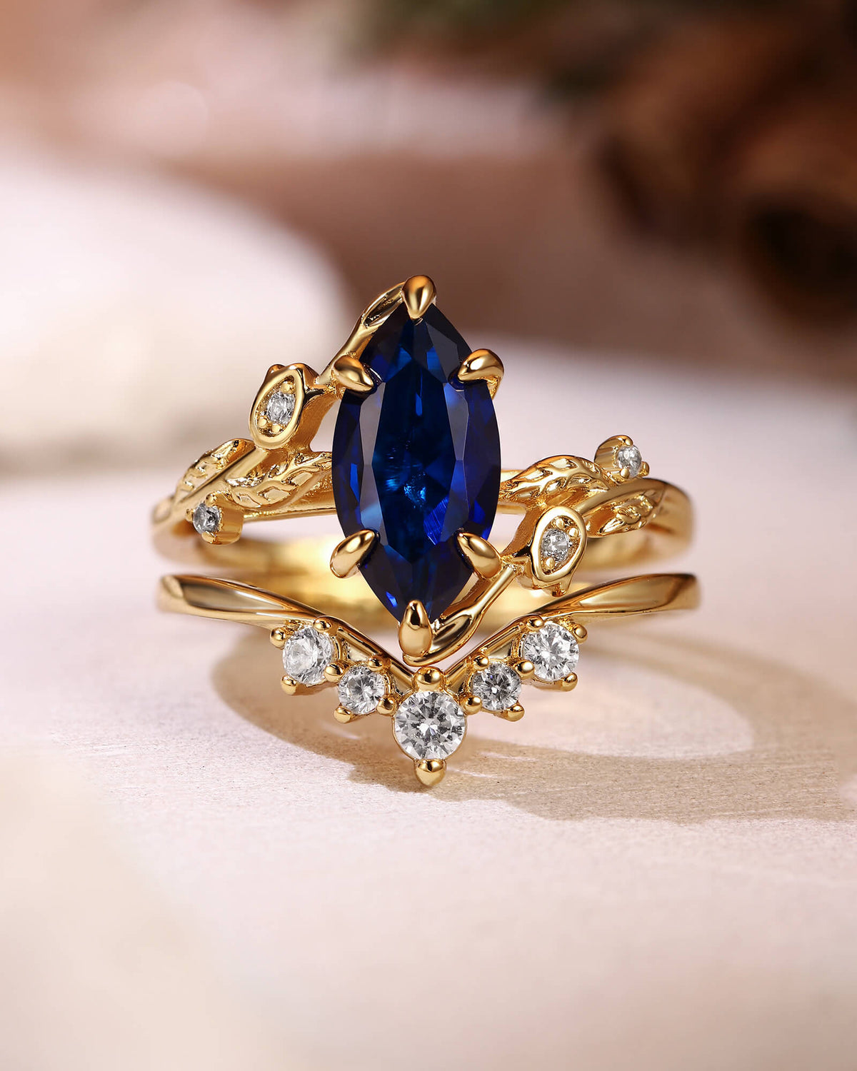EUGENIA Garden Inspired Marquise Cut Sapphire Cluster Bridal Set 2pcs
