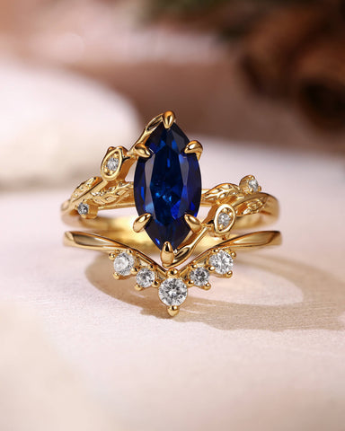 EUGENIA Garden Inspired Marquise Cut Sapphire Cluster Bridal Set 2pcs