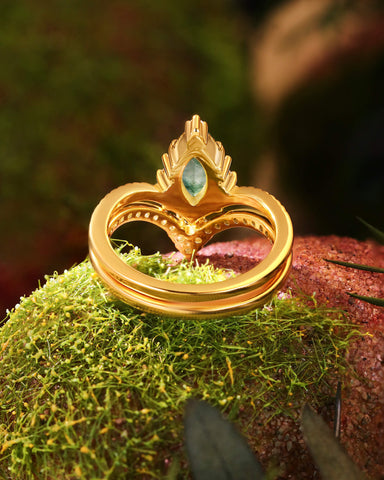 CELIA Natuer Inspired Marquise Cut Moss Agate Engagement Ring Set with Curved Wedding Band
