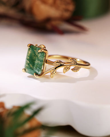 FENNA Emerald Cut Moss Agate Leafy Engagement Ring