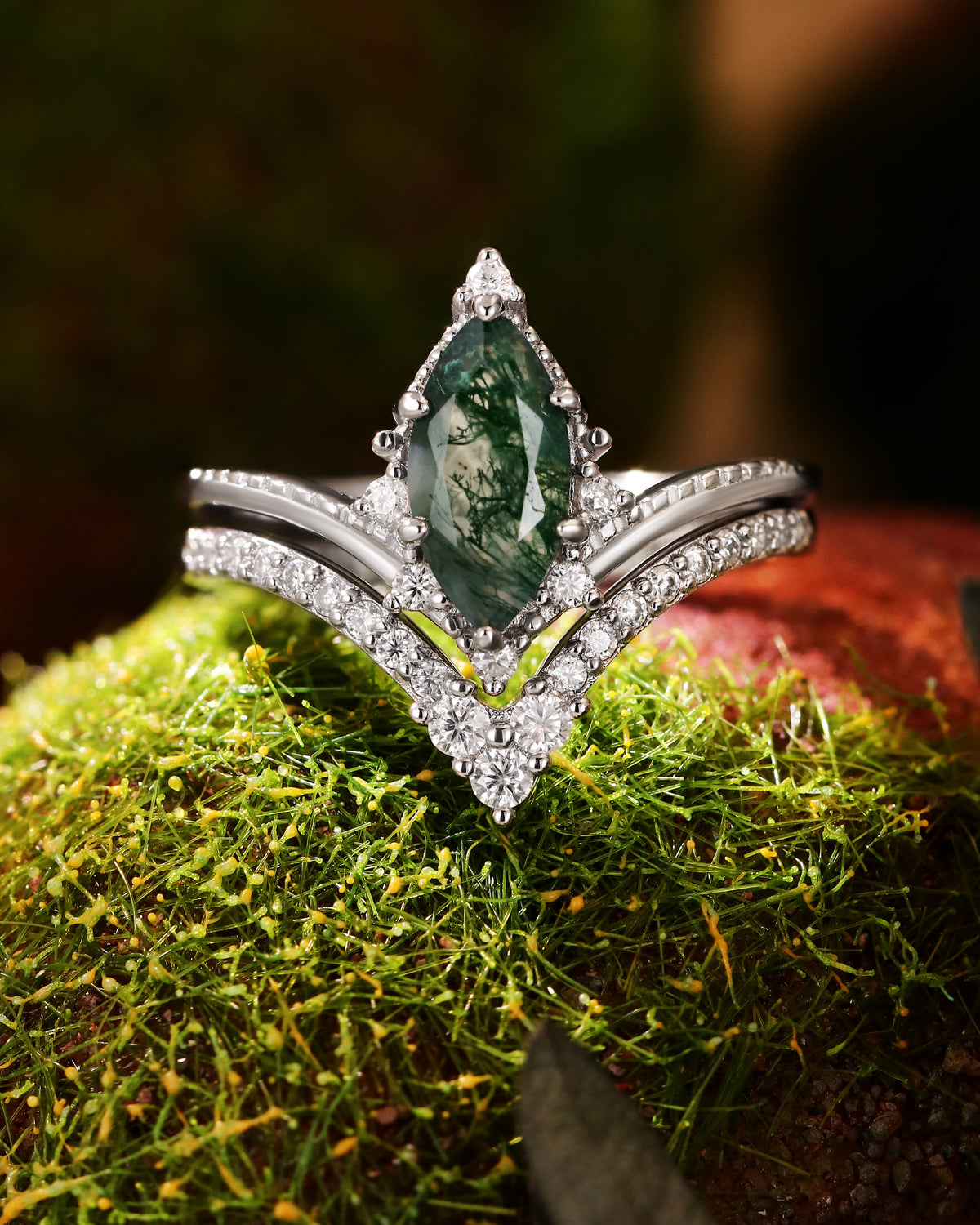 CELIA Natuer Inspired Marquise Cut Moss Agate Engagement Ring Set with Curved Wedding Band