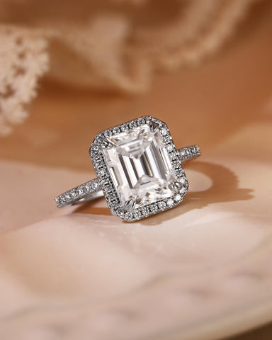 VIRELAI Double Claw Halo Emerald Cut Moissanite Pave Engagement Ring