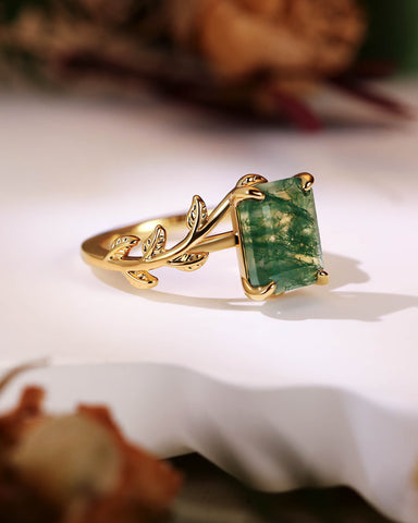 FENNA Emerald Cut Moss Agate Leafy Engagement Ring