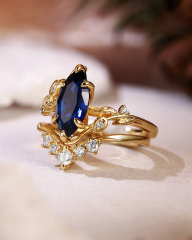 EUGENIA Garden Inspired Marquise Cut Sapphire Cluster Bridal Set 2pcs
