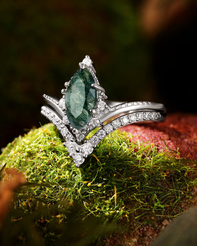 CELIA Natuer Inspired Marquise Cut Moss Agate Engagement Ring Set with Curved Wedding Band