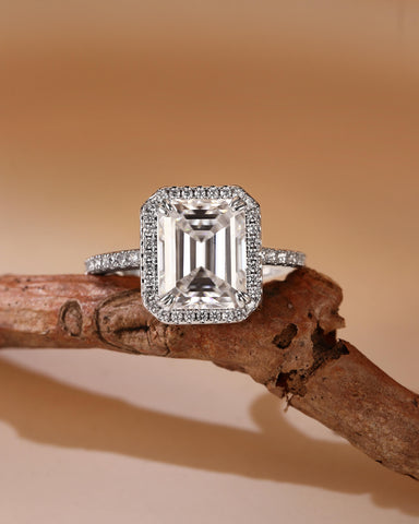 VIRELAI Double Claw Halo Emerald Cut Moissanite Pave Engagement Ring