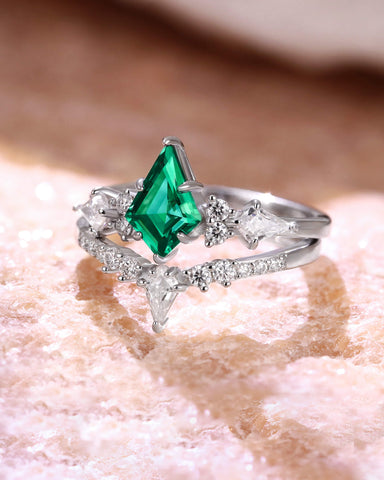 ESME Lab Emerald Engagement Set Kite Cut Wedding Ring Set