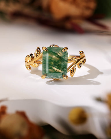 FENNA Emerald Cut Moss Agate Leafy Engagement Ring