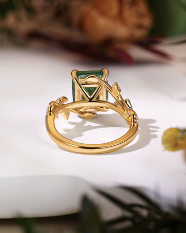FENNA Emerald Cut Moss Agate Leafy Engagement Ring