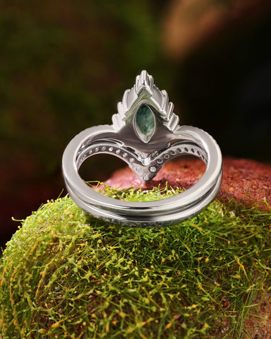 CELIA Natuer Inspired Marquise Cut Moss Agate Engagement Ring Set with Curved Wedding Band