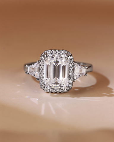 LUCIENNEE Emerald Cut Halo Moissanite Vintage Engagement Ring