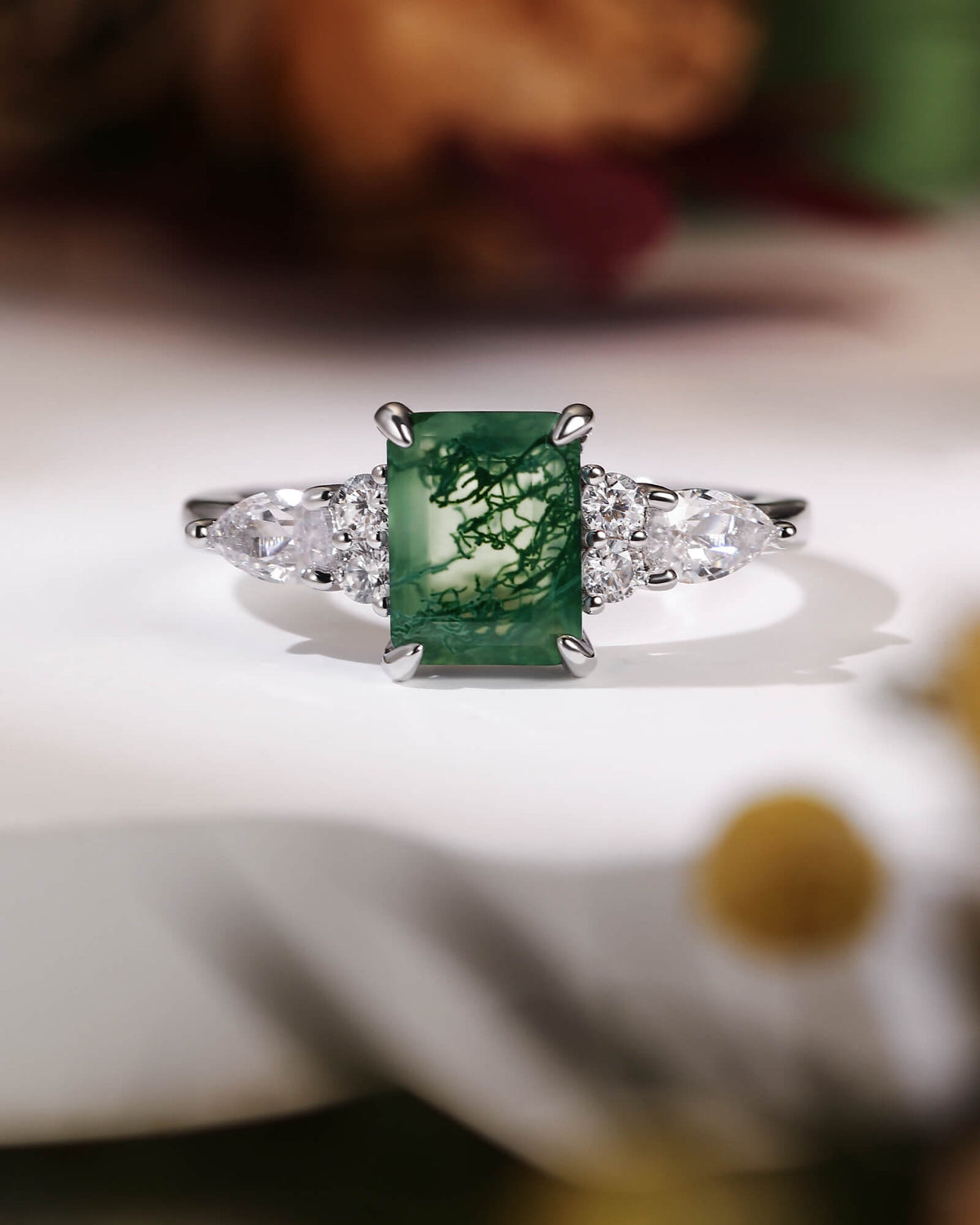 SULLY Emerald Cut Moss Agate and Moissanite Cluster Engagement Ring