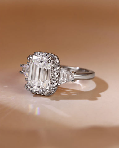 LUCIENNEE Emerald Cut Halo Moissanite Vintage Engagement Ring
