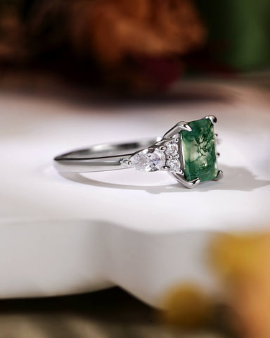 SULLY Emerald Cut Moss Agate and Moissanite Cluster Engagement Ring