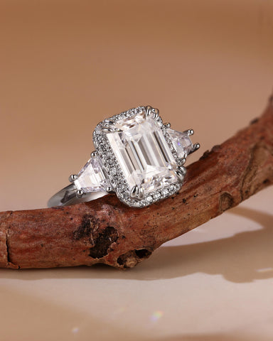 LUCIENNEE Emerald Cut Halo Moissanite Vintage Engagement Ring