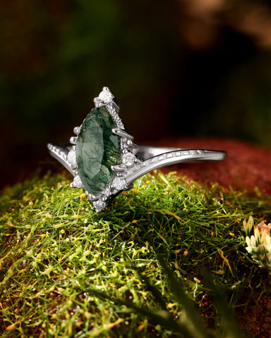 ZELDA Curved Marquise Cut Moss Agate Engagement Ring