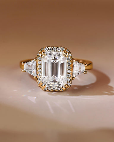 LUCIENNEE Emerald Cut Halo Moissanite Vintage Engagement Ring