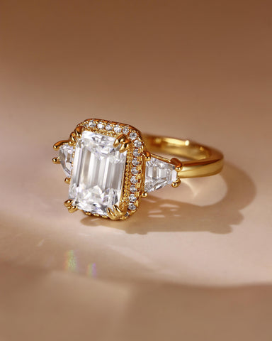LUCIENNEE Emerald Cut Halo Moissanite Vintage Engagement Ring