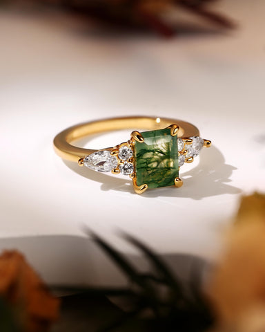 SULLY Emerald Cut Moss Agate and Moissanite Cluster Engagement Ring