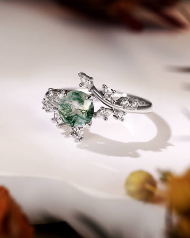 KNIGHT Round Moss Agate Leaf Engagement Ring
