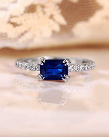 VELDA Pave Band East-West Emerald Cut Sapphire Engagement Ring