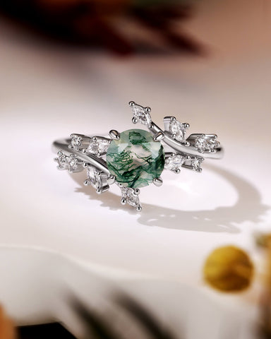 KNIGHT Round Moss Agate Leaf Engagement Ring